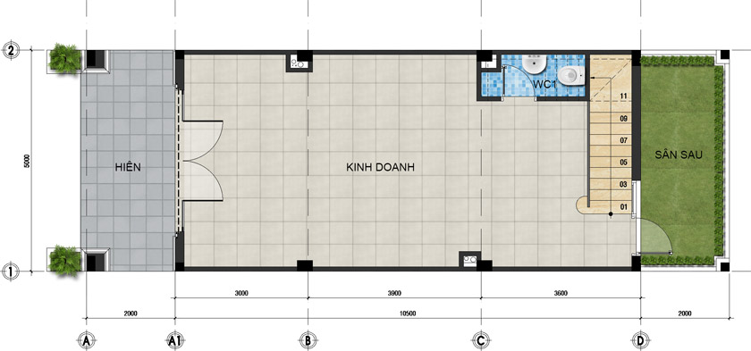 Mặt bằng tầng trệt nhà phố 14.5x5 m²